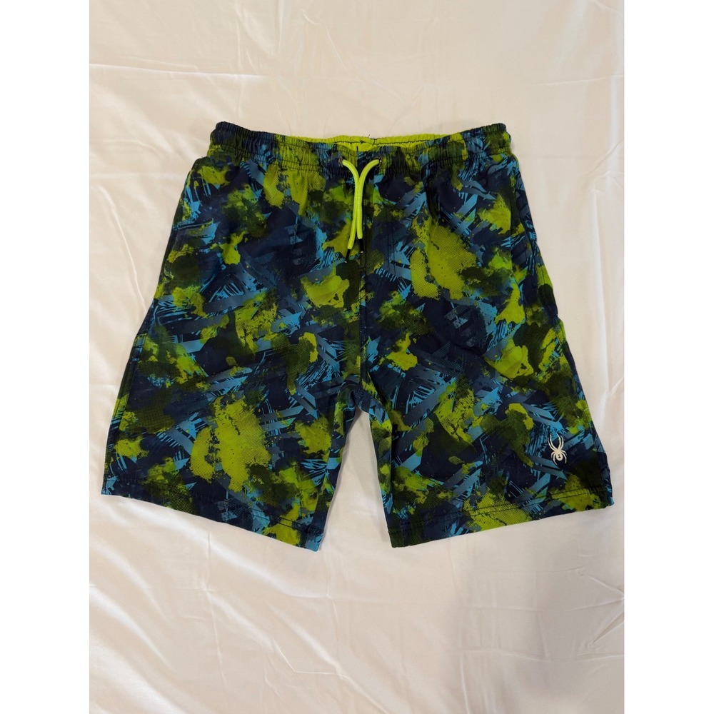 Spyder Boys Abstract Camo Swim Trunks Blue Green L 14/16 Active Board Shorts